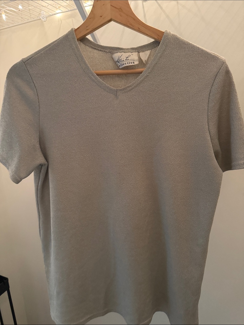Kathie Lee Collection Metallic, Light Gray with Gold hue V‑Neck Short Sleeve